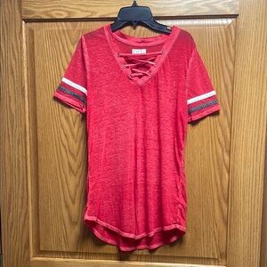 Red Lace-Up Tee with Striped Sleeves